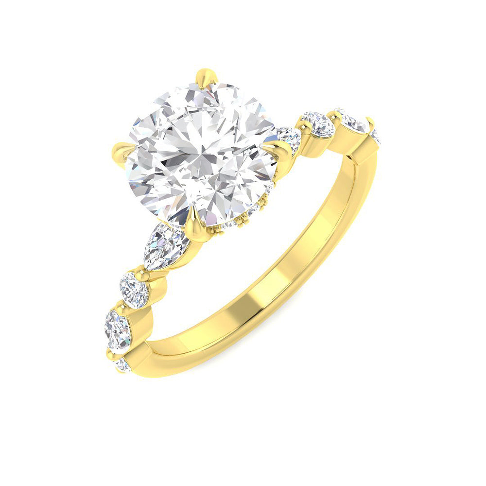 Classic round diamond ring with delicate marquise accent diamonds