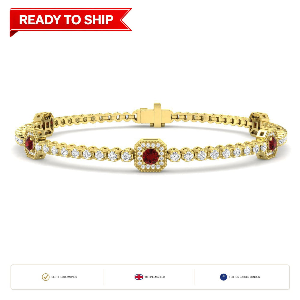 1.90Ct Round Ruby & Diamond Designer Bracelet 9k Yellow Gold