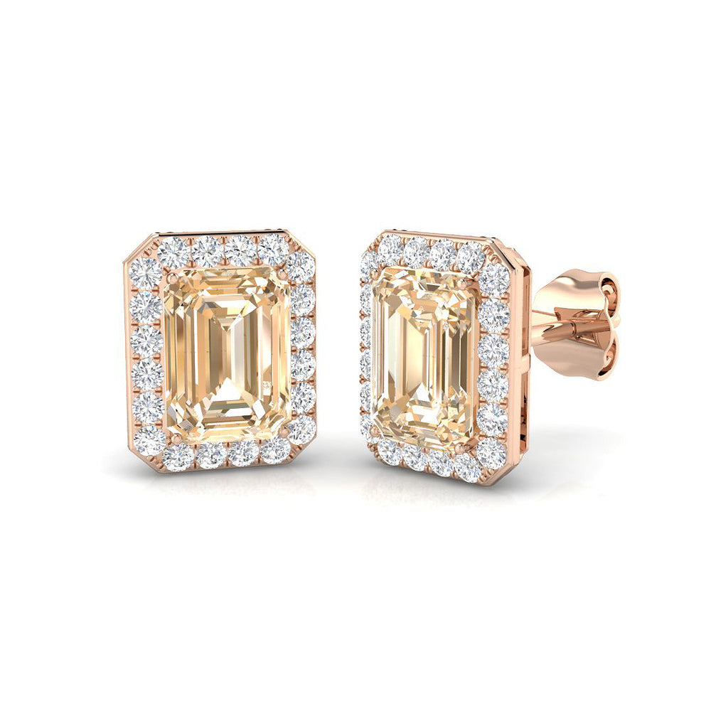 Rose Gold Emerald Cut Morganite Halo Stud Earrings