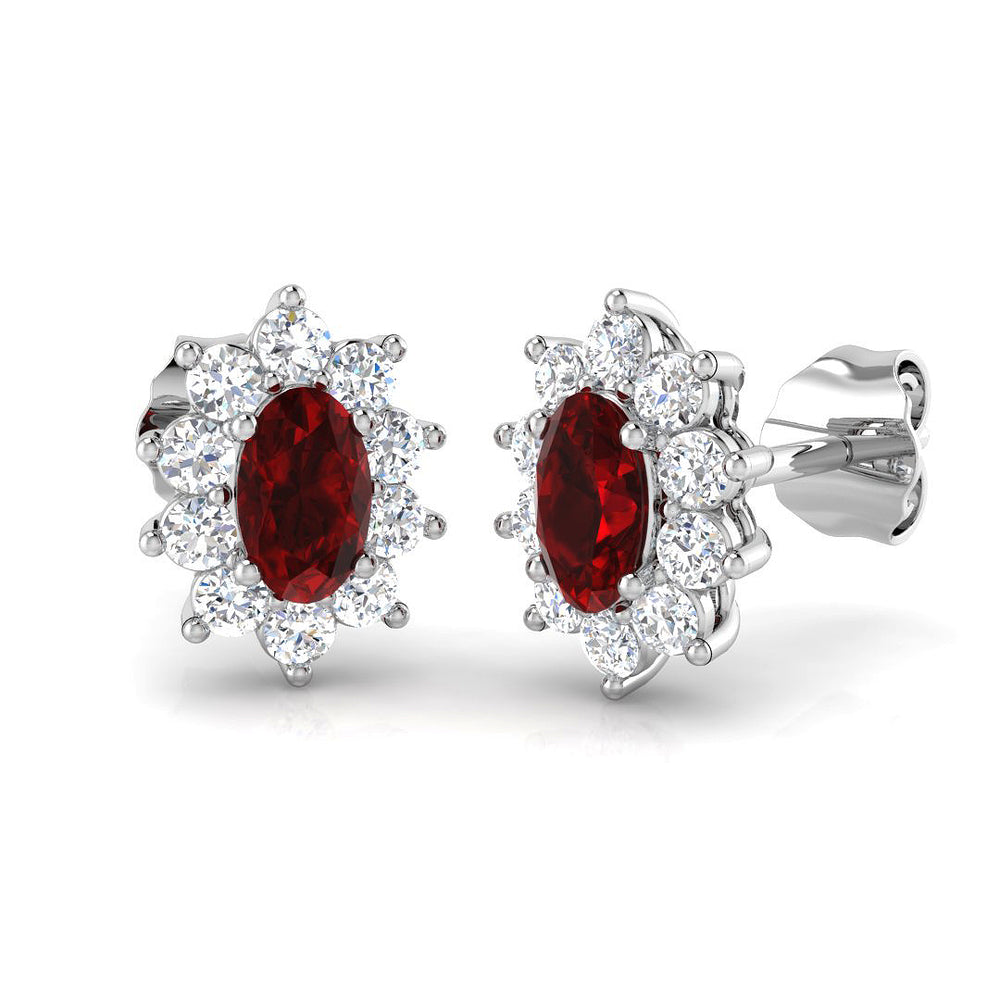 0.95ct Ruby & Natural Diamond Oval Cut Drop Earrings in 18K White Gold