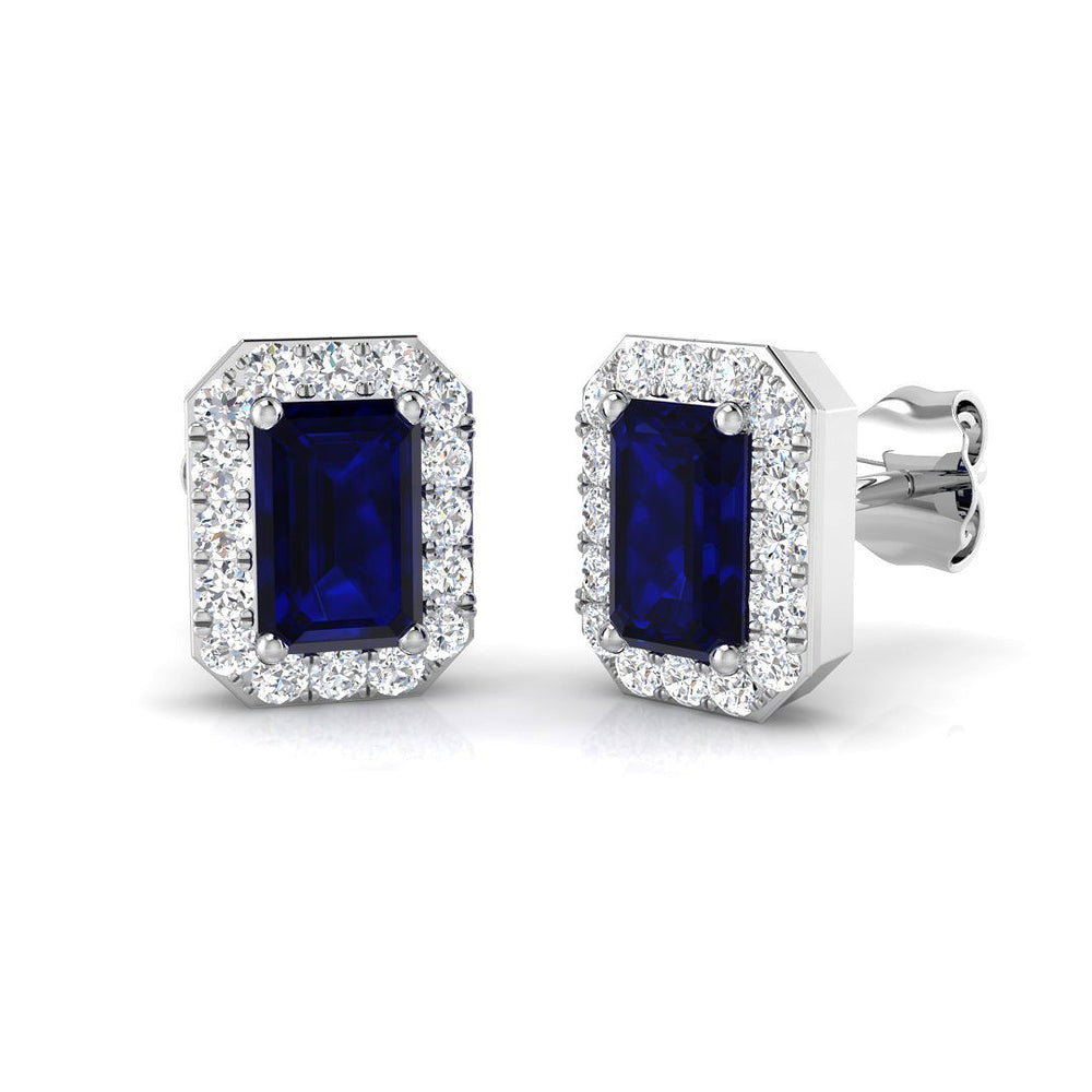 1.67ct Blue Sapphire & Natural Diamond Emerald Cut Drop Earrings in 18K White Gold