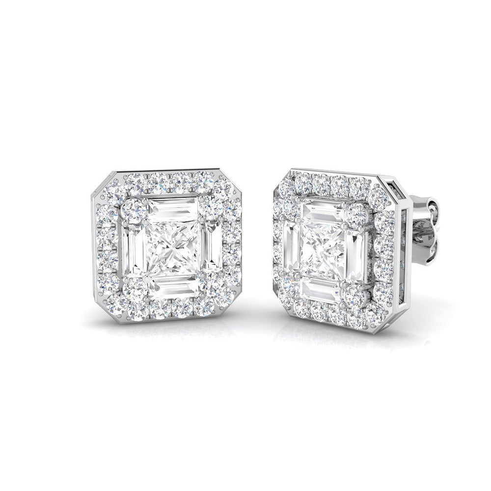 Cluster Earrings with Baguette and Round Diamonds 1.75ct Square Halo