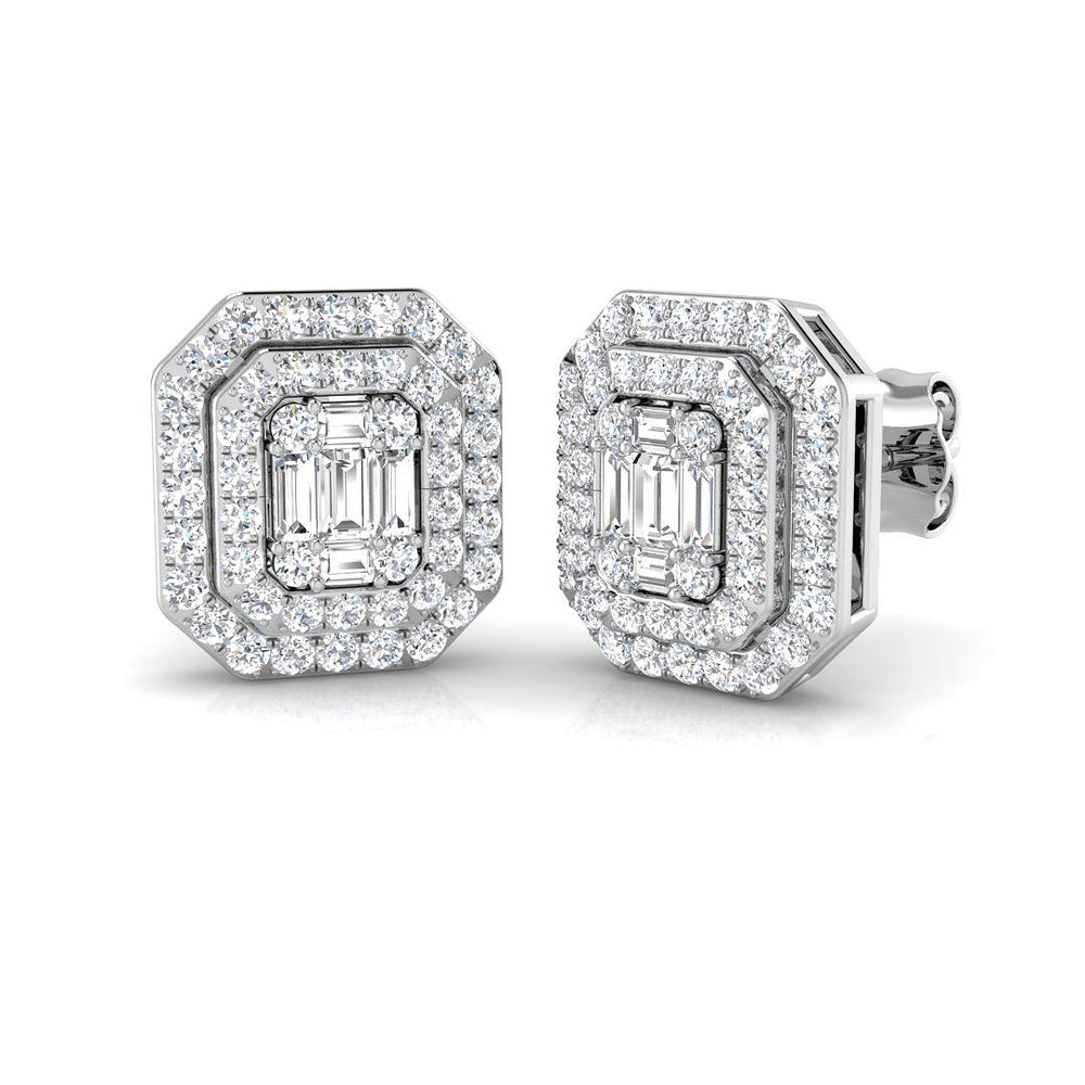 Stud Earrings with Double Octagon Halo Cluster | 1ct Gold