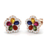 Vibrant Multi-Gemstone Diamond Flower Stud Earrings - 2.50ct Halo Design