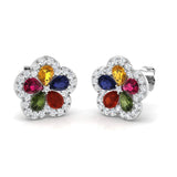 Vibrant Multi-Gemstone Diamond Flower Stud Earrings - 2.50ct Halo Design
