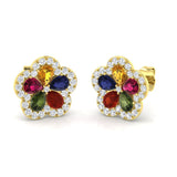 Vibrant Multi-Gemstone Diamond Flower Stud Earrings - 2.50ct Halo Design
