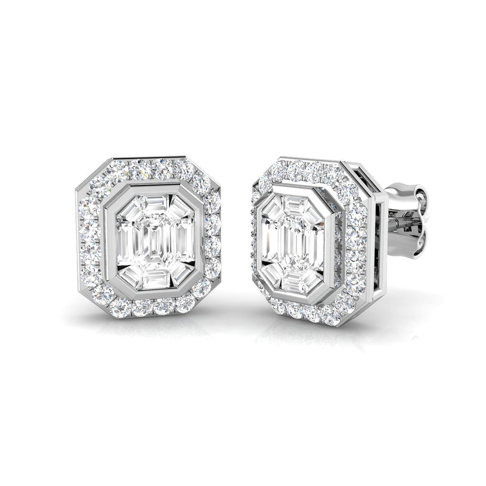 Stud Earrings with Emerald Cut Diamond Halo | 1ct Gold