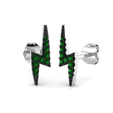Green emerald lightning bolt stud earrings with gemstone pave setting