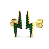 Pave set emerald lightning bolt stud earrings in gold