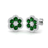 Emerald Floral Cluster Stud Earrings White Gold