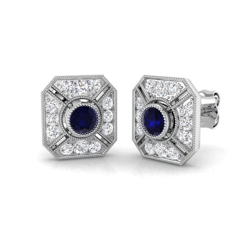 Blue Sapphire Vintage Halo Diamond Earring white gold