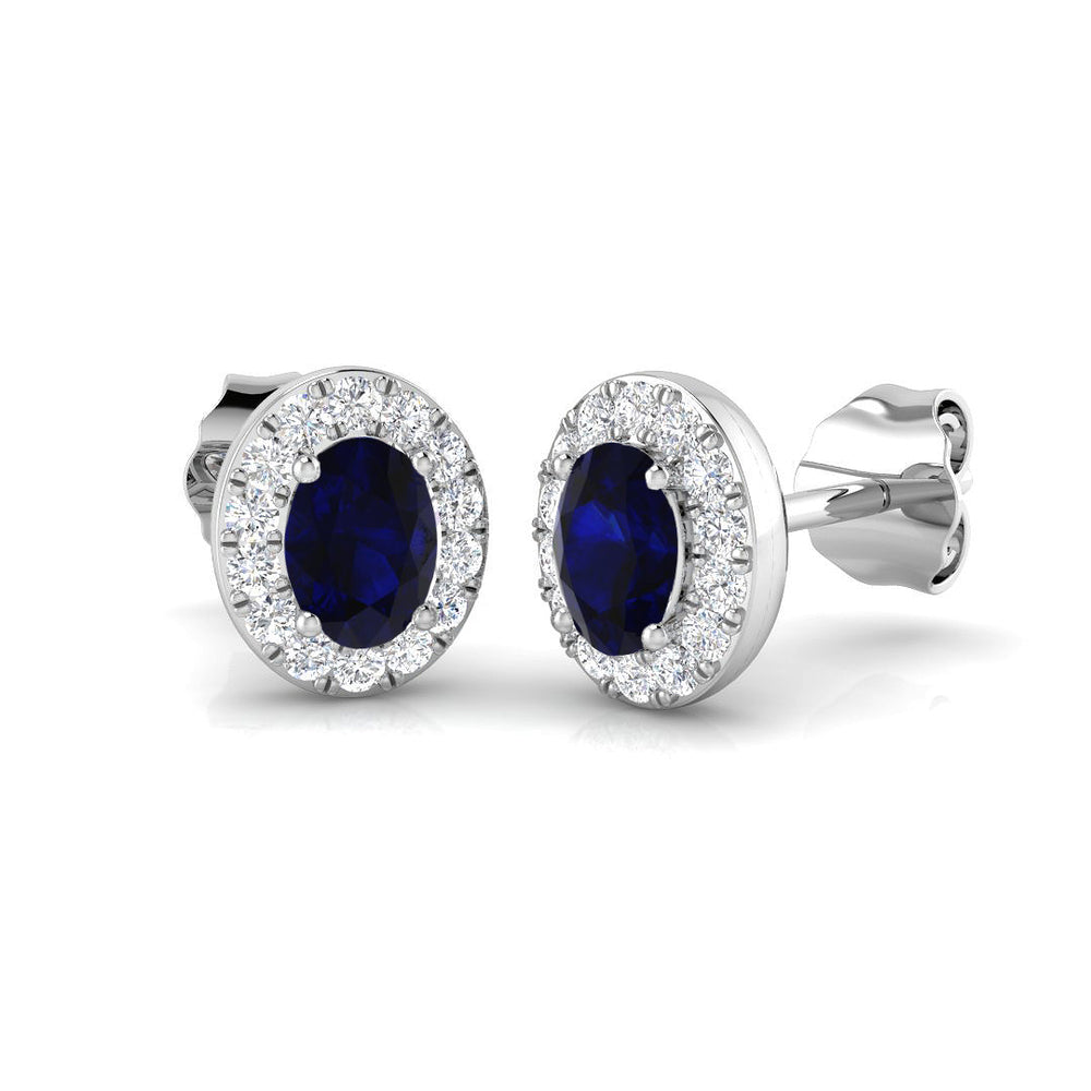 0.85ct Blue Sapphire & Natural Diamond Oval Cut Drop Earrings in 18K White Gold