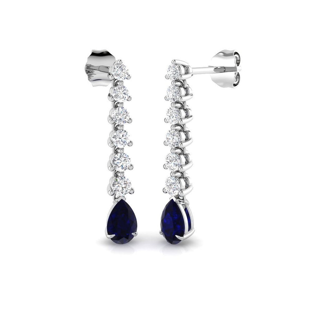 1.41ct Blue Sapphire & Natural Diamond Pear Cut Drop Earrings in 18K White Gold