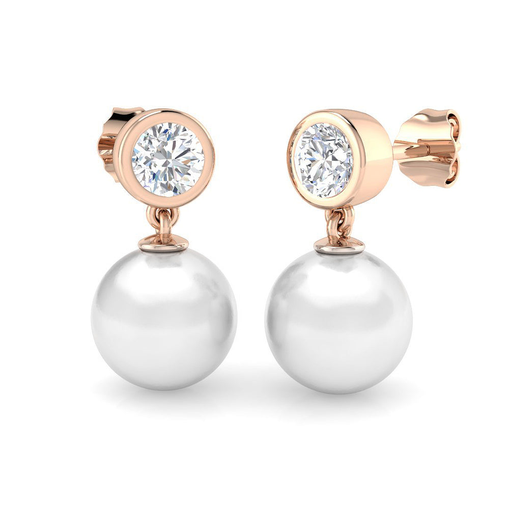 Rose Gold Pearl Diamond Drop Earrings with Bezel Set Diamonds