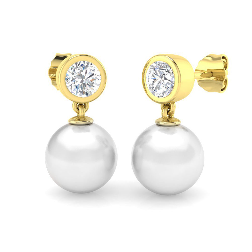Yellow Gold Pearl Diamond Drop Earrings with Round Pearls