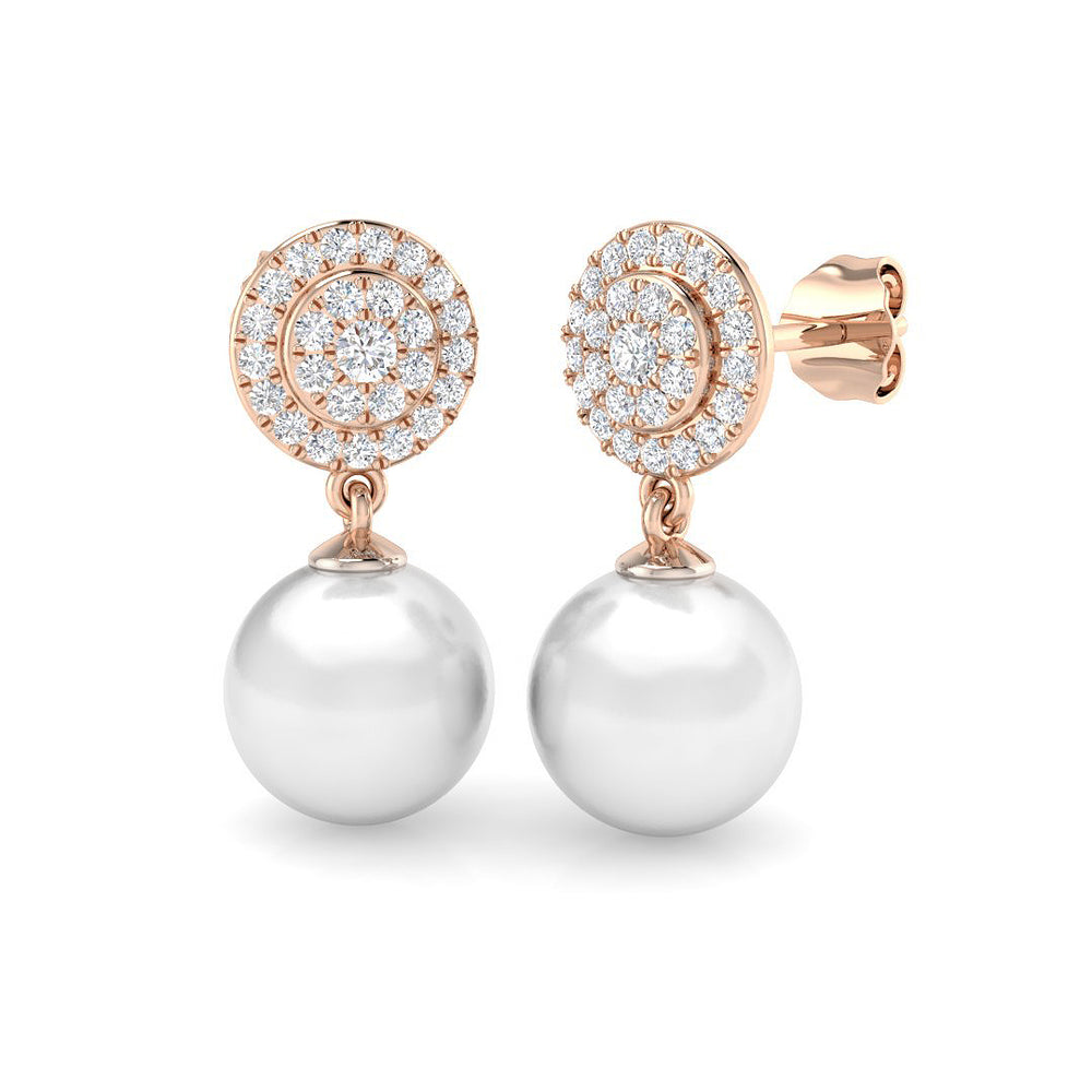 Round Diamond Halo Pearl Drop Earrings in Platinum