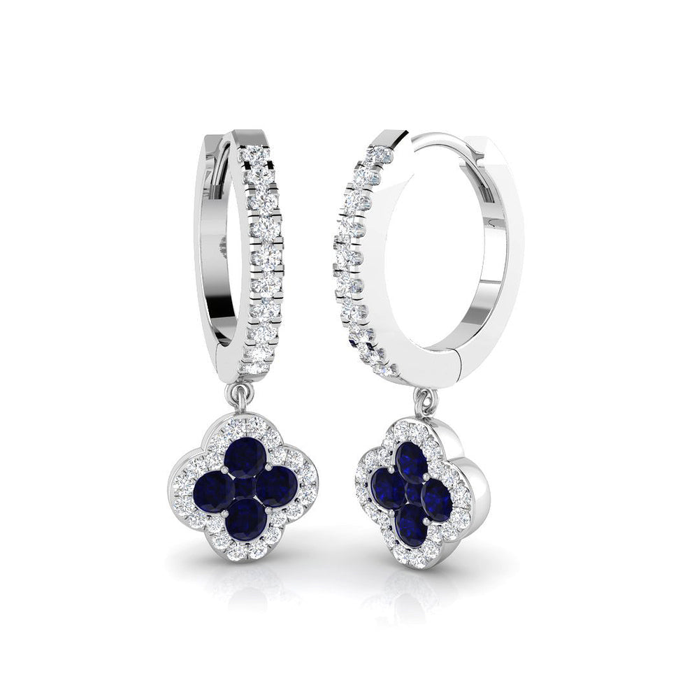 0.91ct Blue Sapphire & Natural Diamond Round Cut Drop Earrings in 18K White Gold