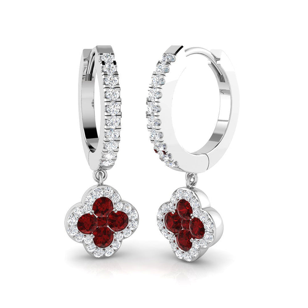 1.01ct Ruby & Natural Diamond Round Cut Drop Earrings in 18K White Gold
