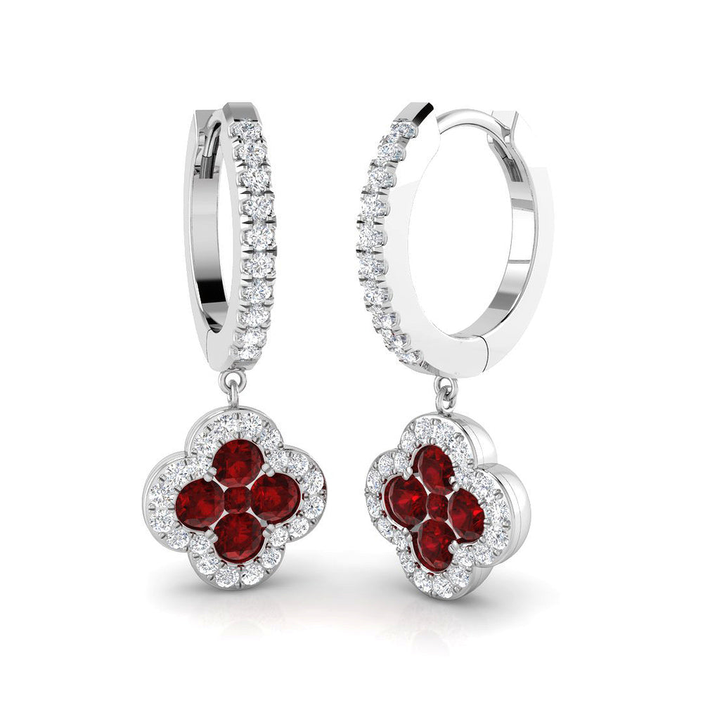 1.24ct Ruby & Natural Diamond Round Cut Drop Earrings in 18K White Gold