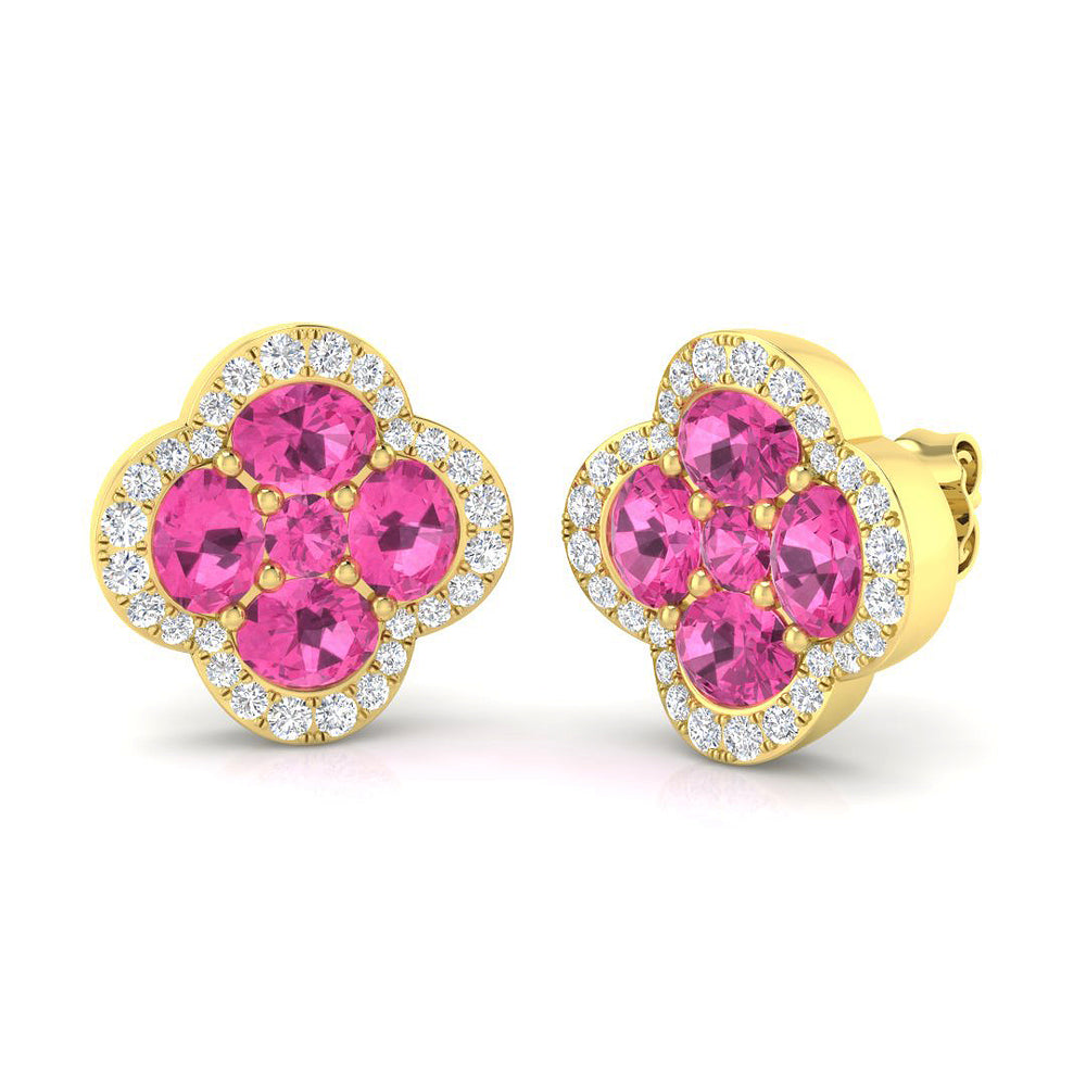 Round Pink Sapphire Clover Diamond Earrings
