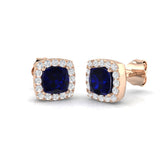 Cushion Cut Blue Sapphire Halo Stud Earrings Rose Gold