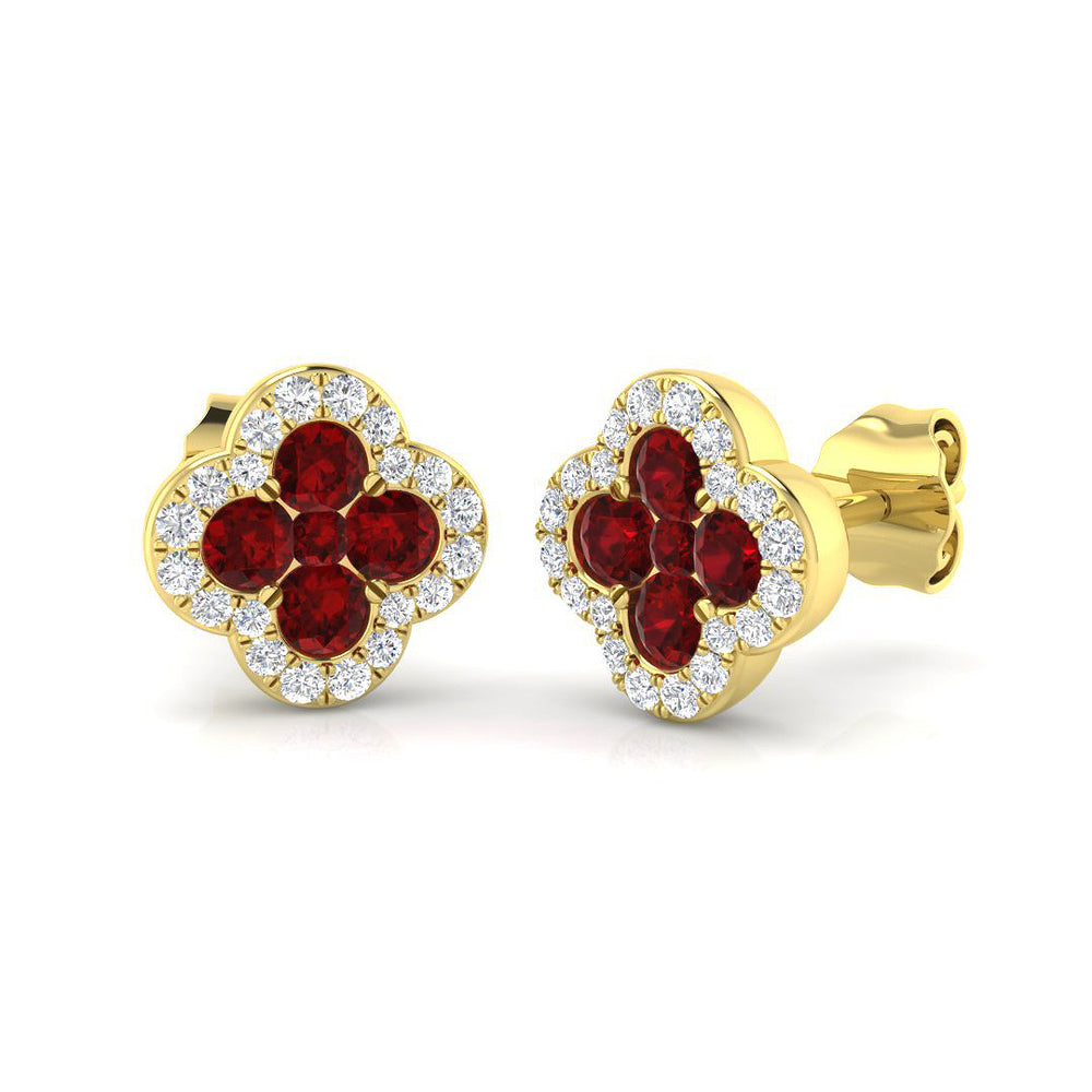 0.85ct Ruby & Natural Diamond Round Cut Drop Earrings in 18K Yellow Gold