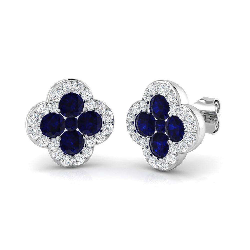 1.87ct Blue Sapphire & Natural Diamond Round Cut Drop Earrings in 18K White Gold