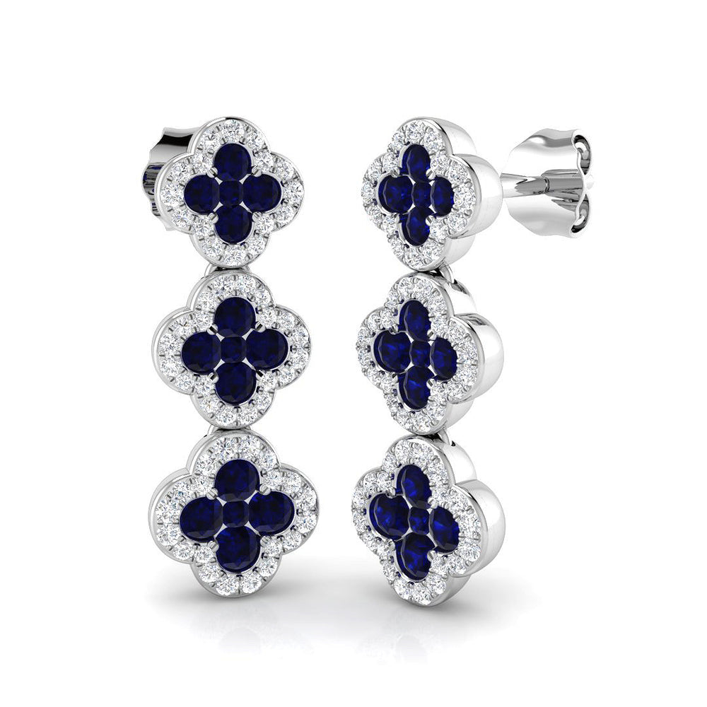 1.27ct Blue Sapphire & Natural Diamond Round Cut Drop Earrings in 18K White Gold
