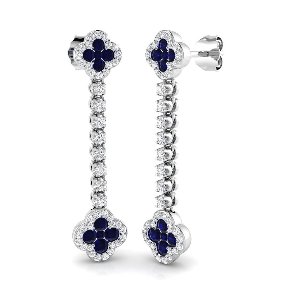 1.46ct Blue Sapphire & Natural Diamond Round Cut Drop Earrings in 18K White Gold