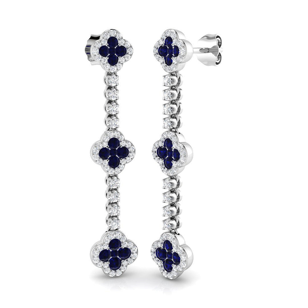 1.58ct Blue Sapphire & Natural Diamond Round Cut Drop Earrings in 18K White Gold