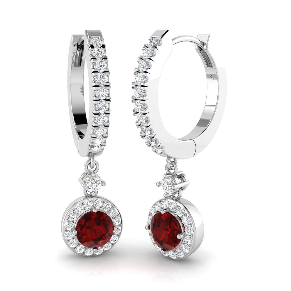 1.17ct Ruby & Natural Diamond Round Cut Drop Earrings in 18K White Gold