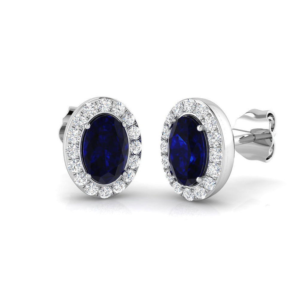 1.53ct Blue Sapphire & Natural Diamond Oval Cut Drop Earrings in 18K White Gold