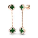 Emerald diamond drop link earrings with prong-set emeralds in rose gold