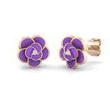 Beautiful 0.10Ct Purple Enamel Flower Diamond Stud Earrings