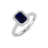 Emerald Cut Blue Sapphire Halo Ring with Round Pave Diamonds | Gold & Platinum