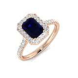 Emerald Cut Blue Sapphire Halo Ring with Round Natural Pave Band | Engagement Ring