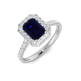 Emerald Cut Blue Sapphire Halo Ring with Round Natural Pave Band | Engagement Ring