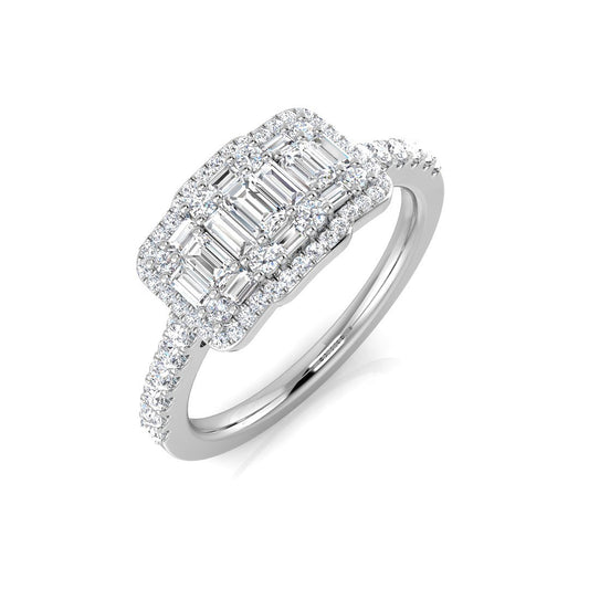 Baguette & Round Diamond Ring 0.5ct Halo Cluster UK Made