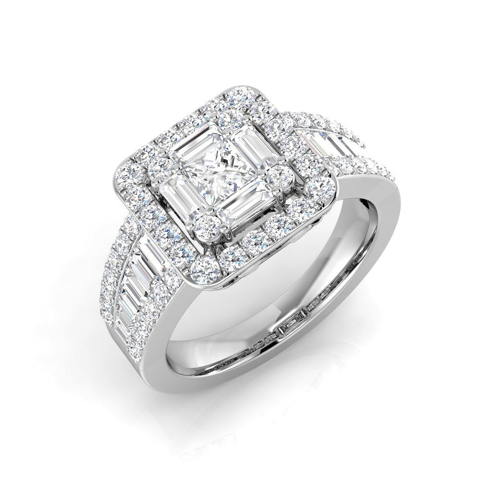 Baguette & Round Diamond Cluster Ring in 9K White Gold