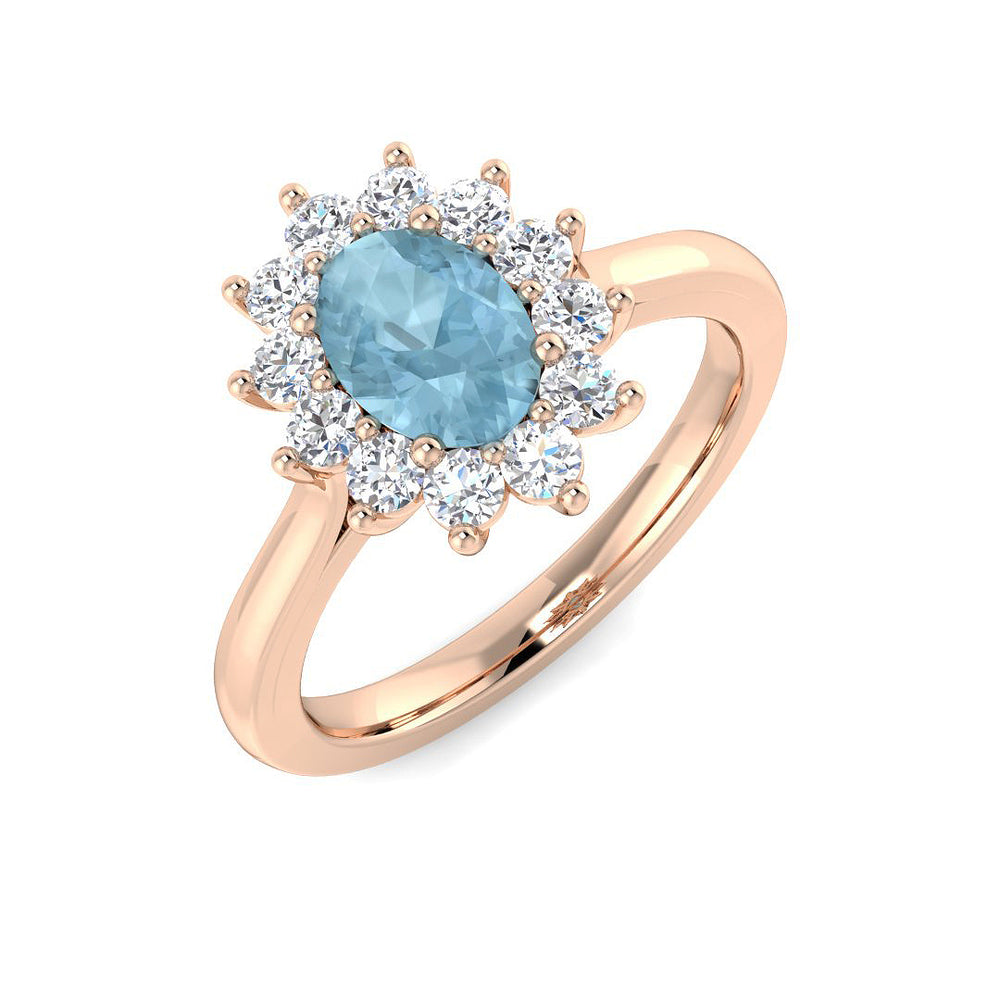 Rose Gold Oval Cut Aquamarine Engagement Ring with Cluster Halo