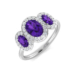 Amethyst Three Stone Halo Ring with Diamond Halo in White Gold