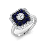 Blue Sapphire Cluster Ring with Diamond Halo