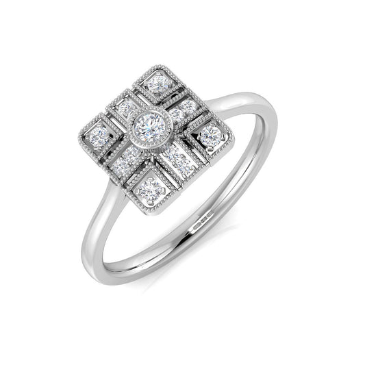 Art Deco Square Halo Diamond Vintage Cluster Ring | 0.15ct | Hallmarked Gold & Platinum