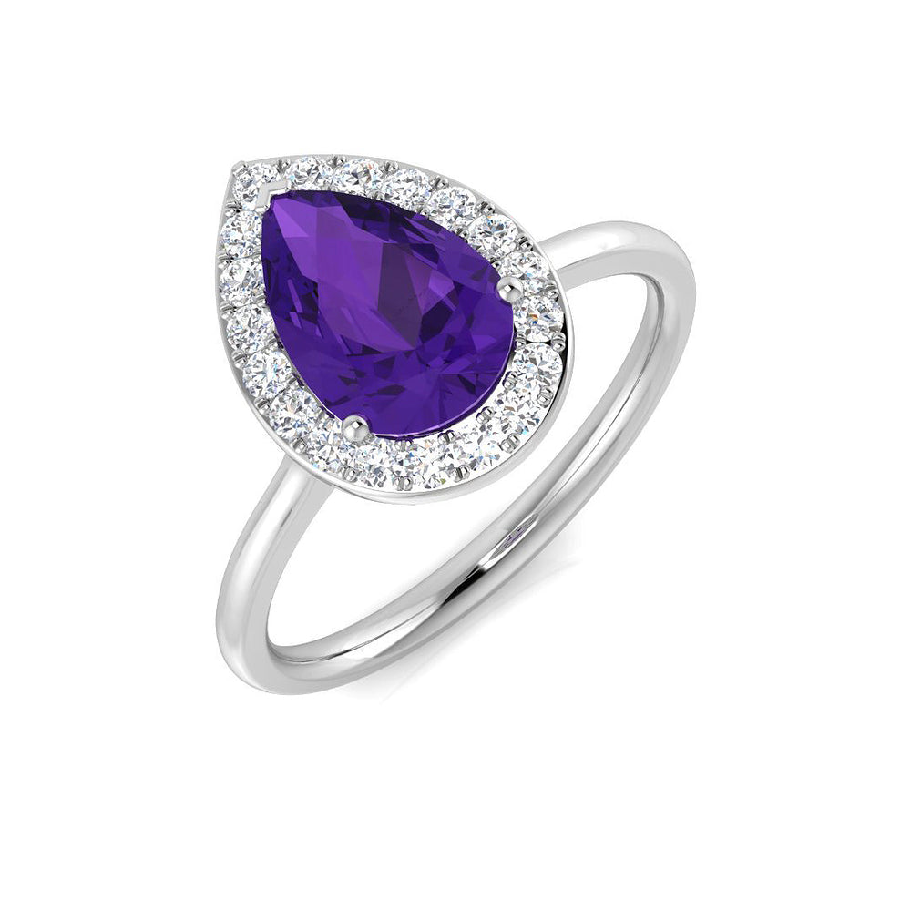 Pear Cut Amethyst Halo Ring with Pave Diamonds in White Gold