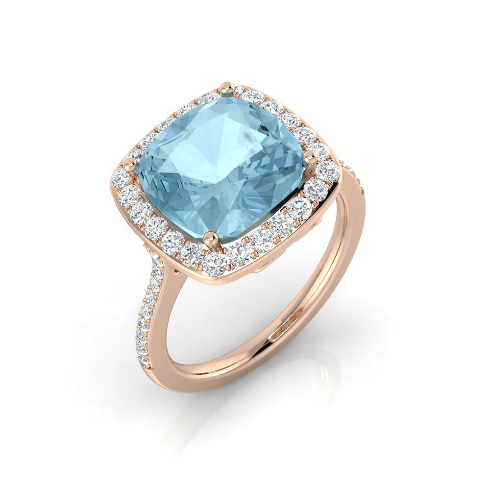 Aquamarine Halo Diamond Ring with Pave Band