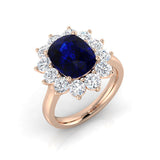 Cushion Cut Blue Sapphire Halo Ring with Round Cluster Natural Diamond