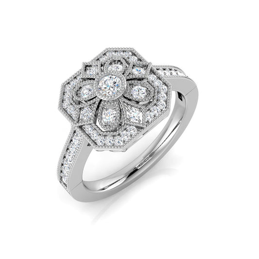 Lab Grown Floral Round Diamond Art Deco Vintage Ring | Hallmarked Gold & Platinum
