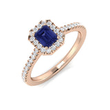 Emerald Cut Blue Sapphire Halo Ring with Round Diamond | Gold & 950 Platinum | UK Hallmarked