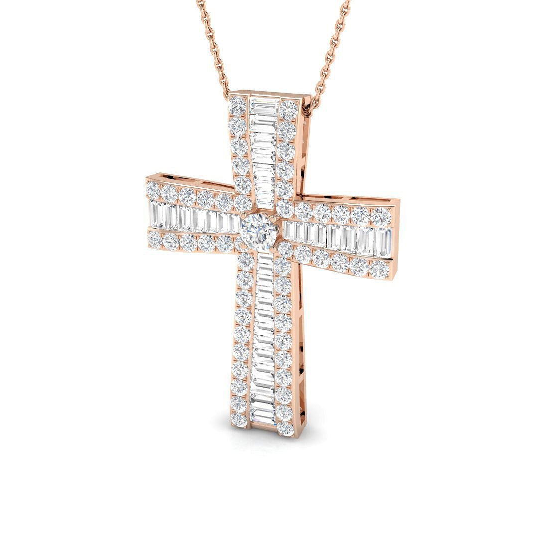 1.00ct – 4.50ct Baguette & Round Diamond Shared Prong Set Cross Necklace in Platinum