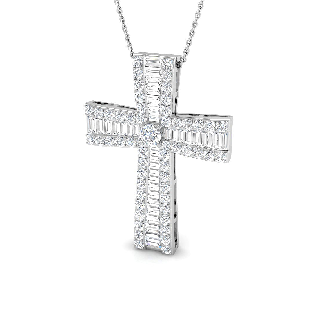1.00ct – 4.50ct Baguette & Round Diamond Shared Prong Set Cross Necklace in 9k and 18k Gold